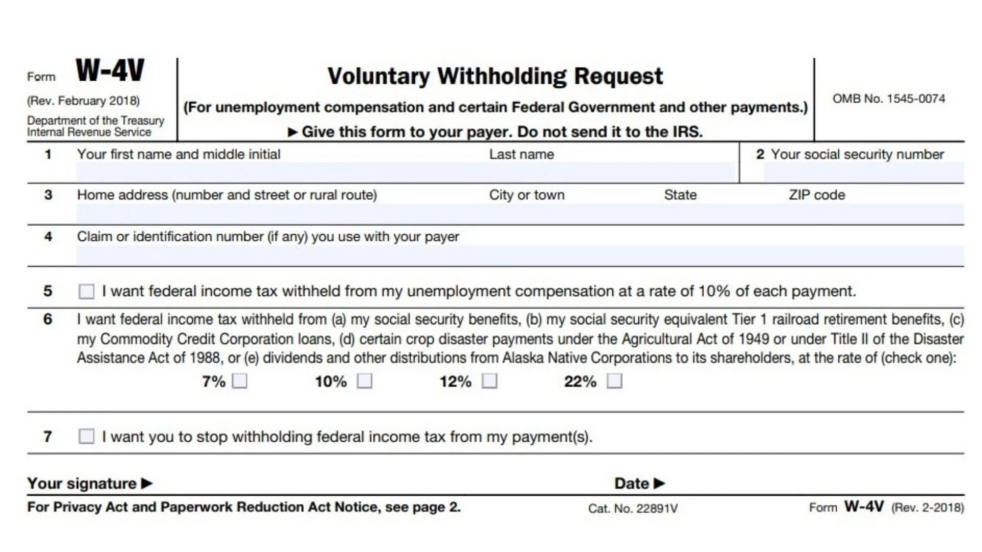 IRS Form W-4V Voluntary Withholding Request