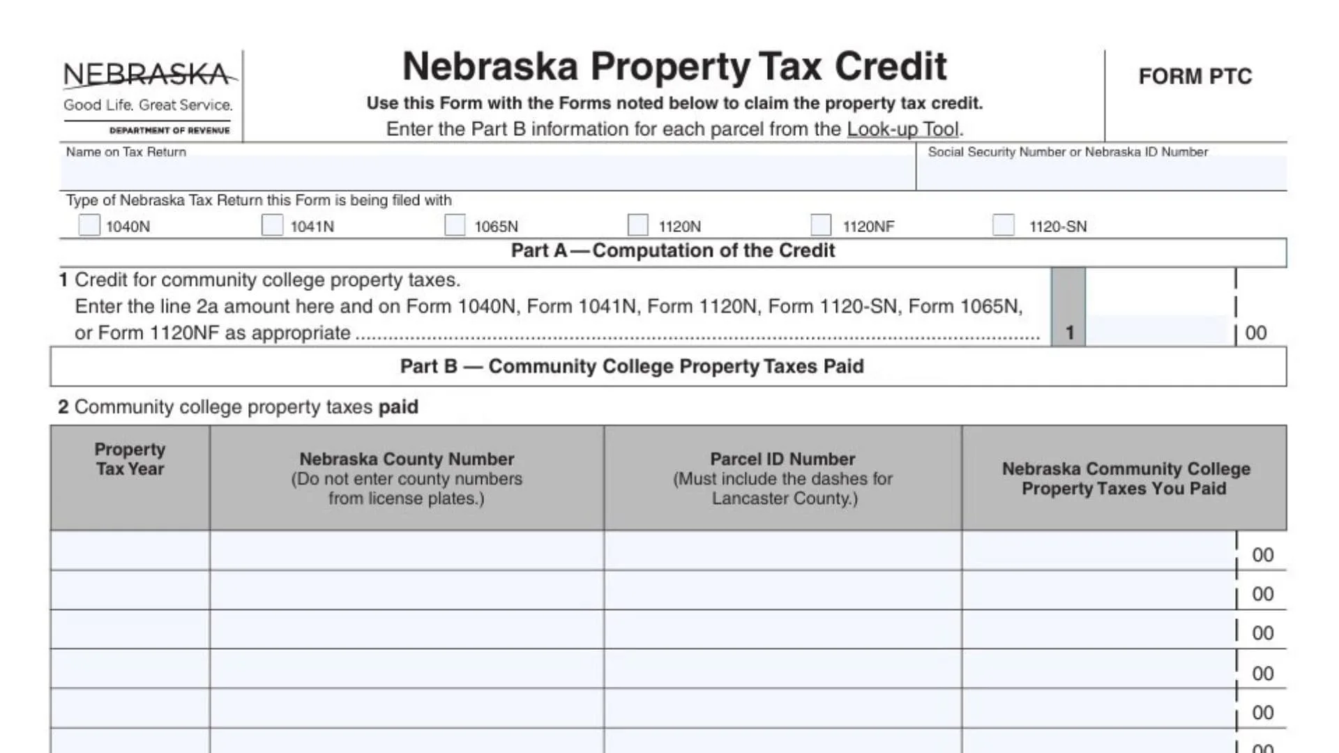 Nebraska Property Tax Credit (PTC) Form 1 Nebraska Property Tax Credit (PTC) Form