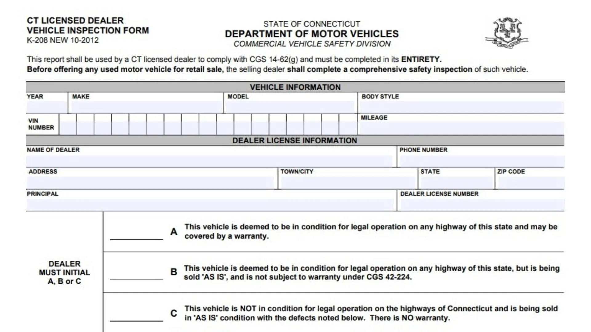 CT K208 Licensed Dealer Vehicle Inspection Form 1 CT K208 Licensed Dealer Vehicle Inspection Form